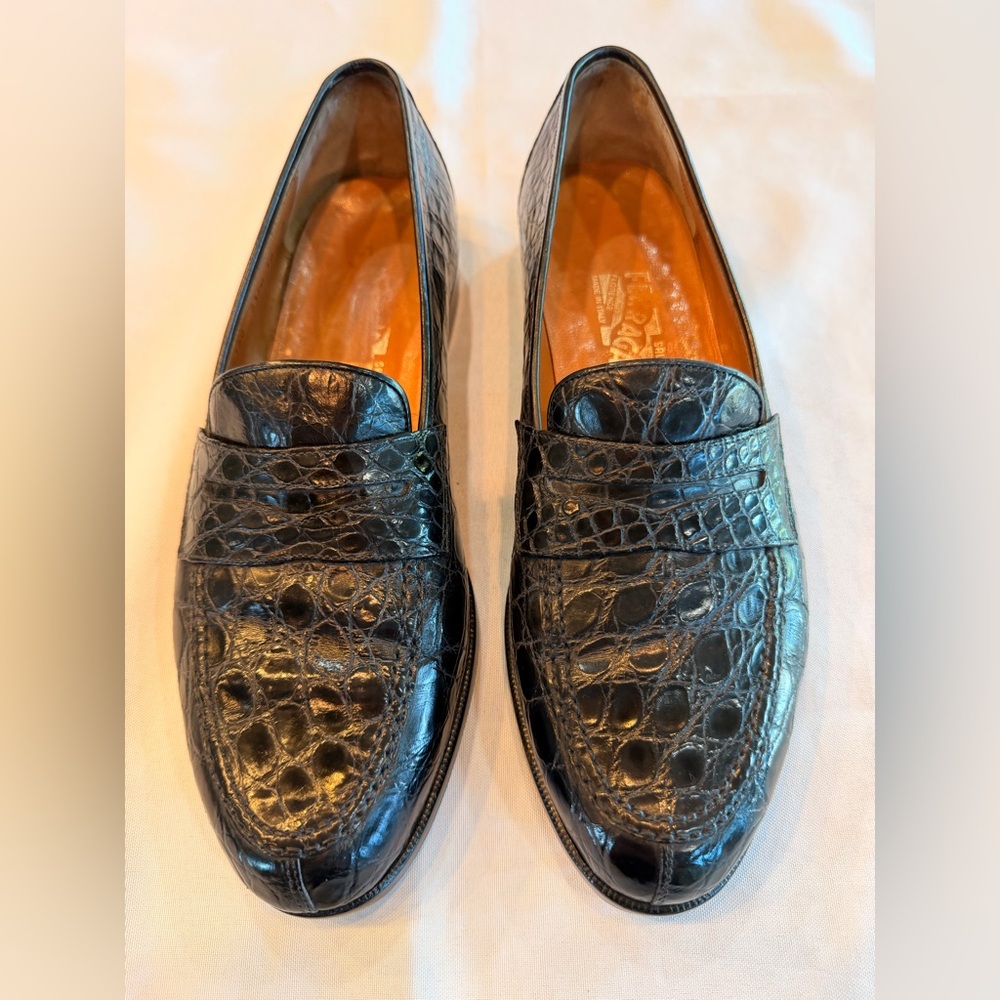 Salvatore Ferragamo Exotic Black Crocodile Leather Mens Penny Loafers Sz 10D